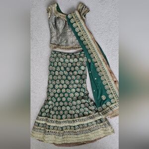 💚 Emerald Green & Gold Embroidered Lehenga Set – 3 Piece